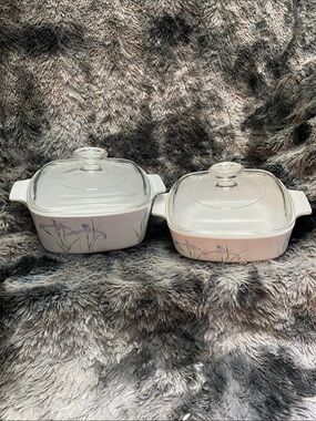 Set of 2 Vintage Corningware casserole dishes. Shadow Iris. 1 Ltr and 1.5 Ltr